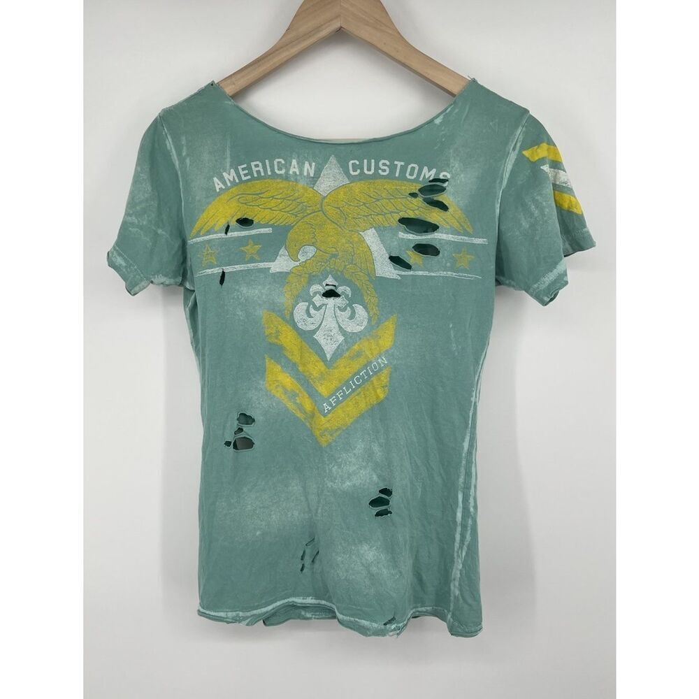 Affliction Womens Size Large Distressed Teal Blue Top Eagle Biker Tatoo - Picture 3 of 5